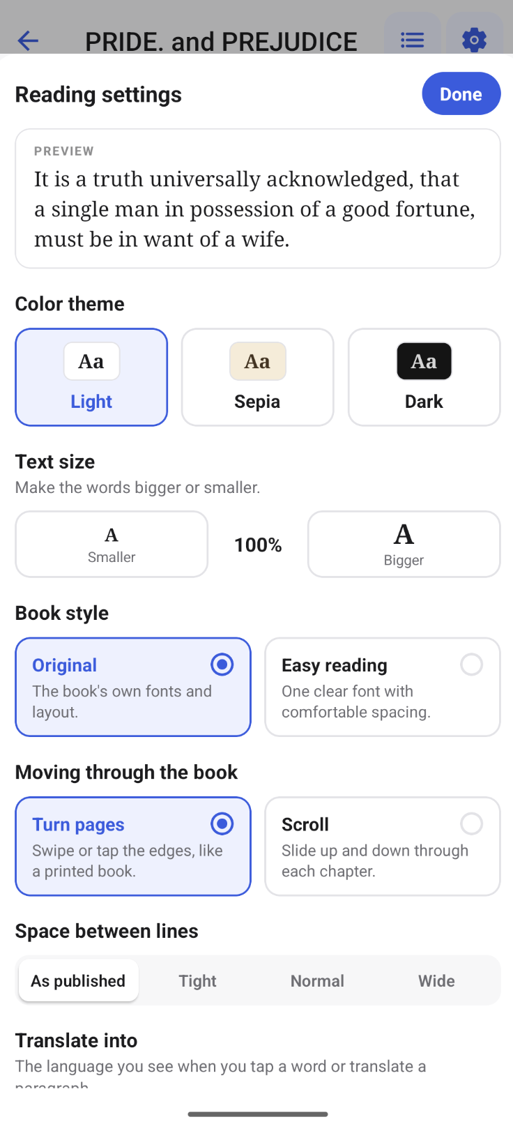 Reading settings with theme, font and translation language options in uSage