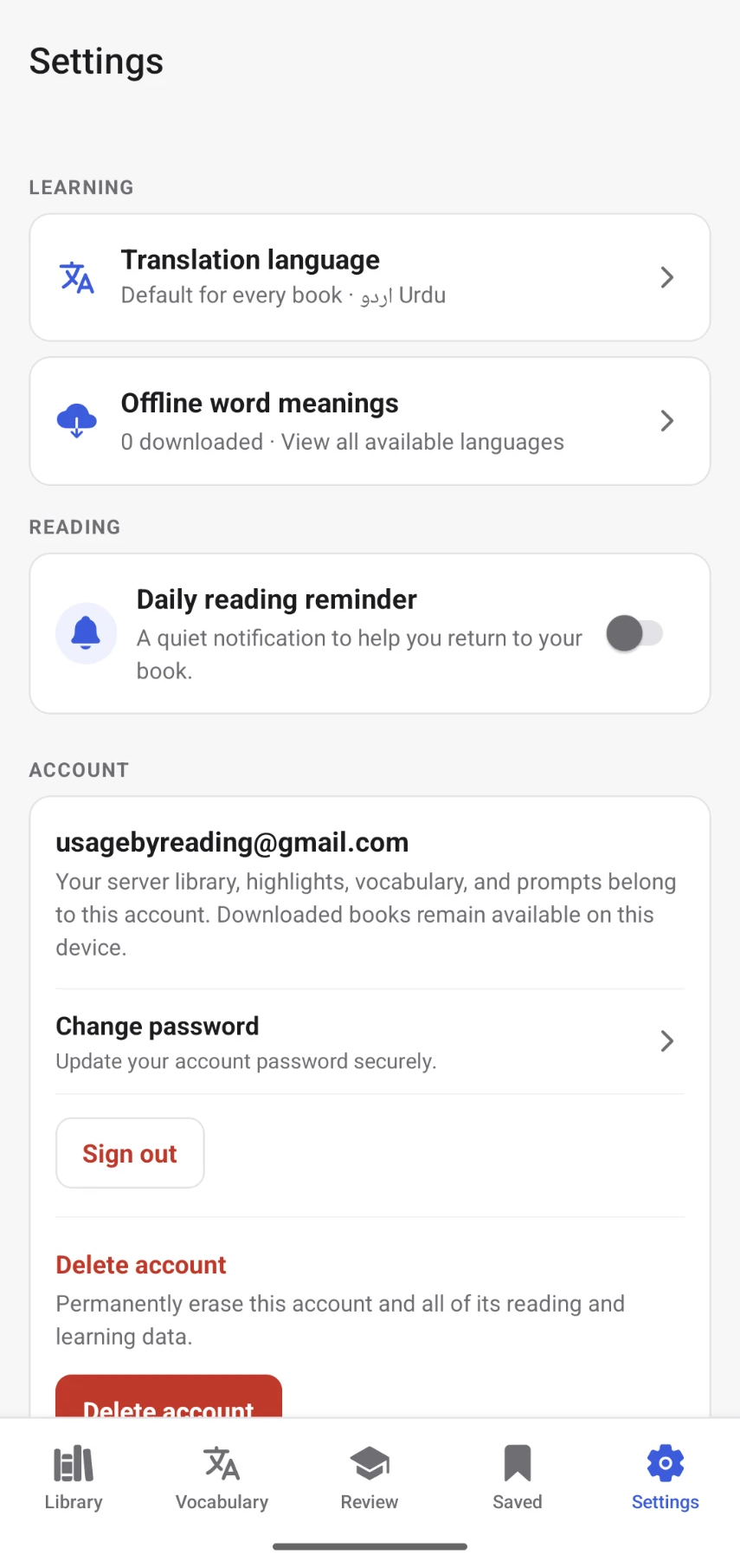 Learning and account settings in uSage