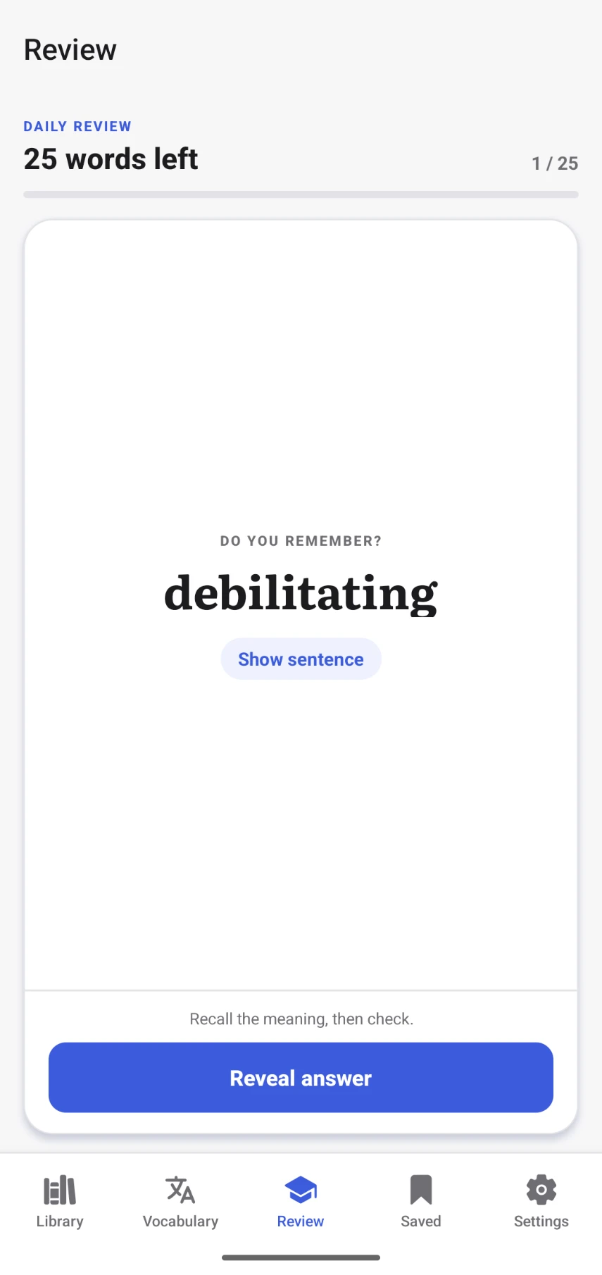 A daily vocabulary review card in uSage