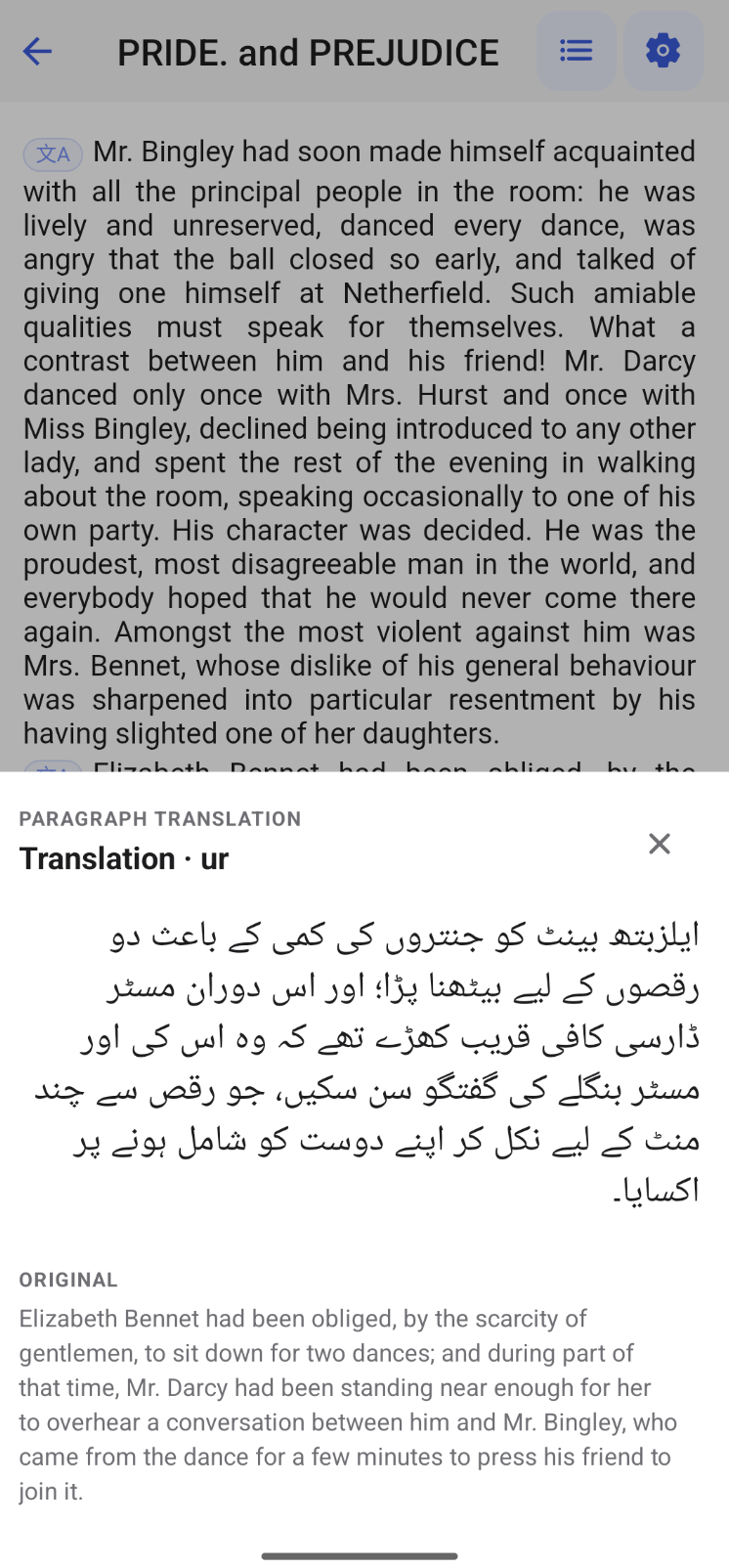 A full paragraph translated into Urdu beside the original text in uSage