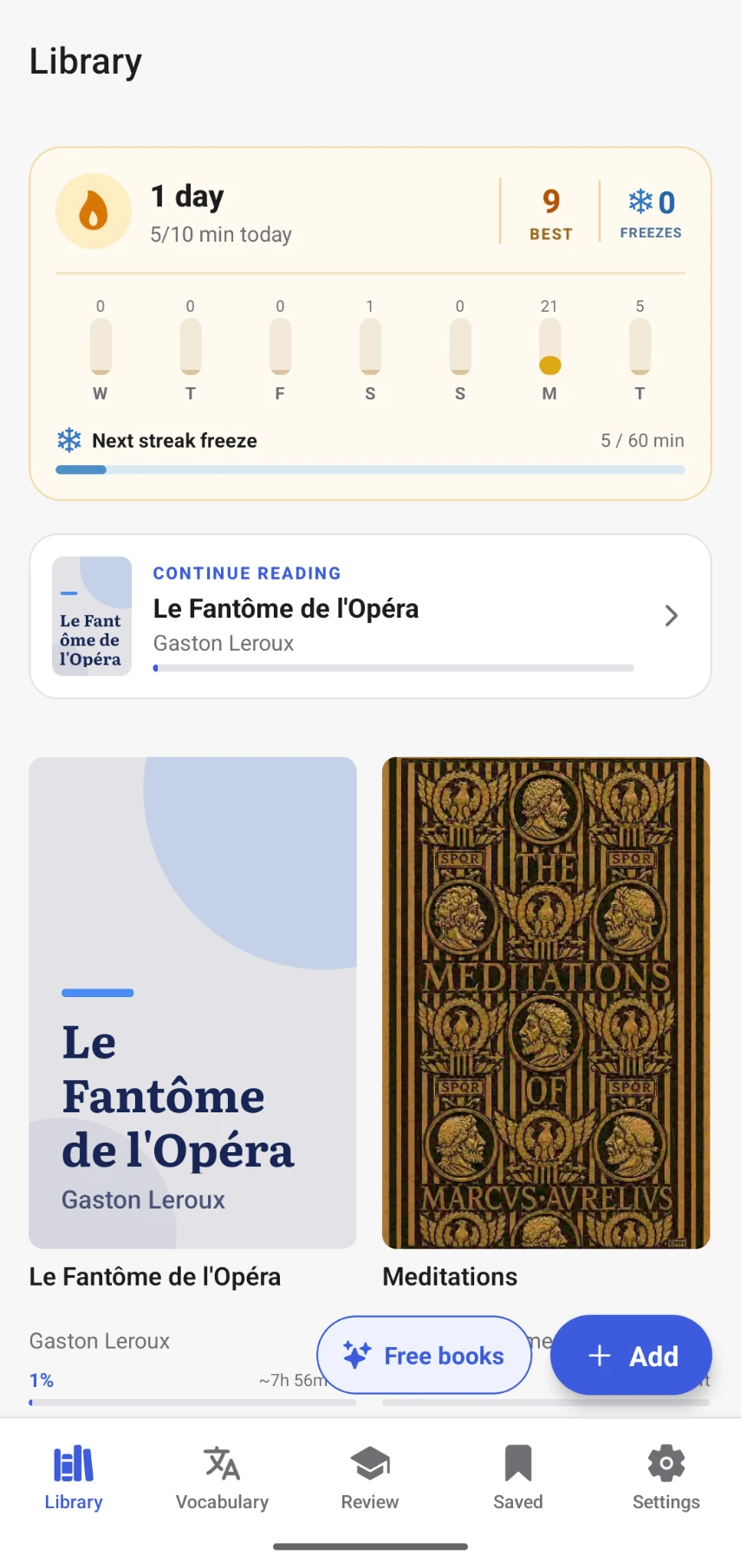 Your book library and daily reading streak in uSage